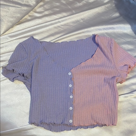 Tops - Two-Tone Ribbed Button-Up Top